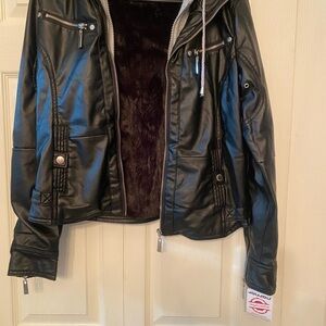 Jou Jou Black Faux Leather Jacket with Zipper Details